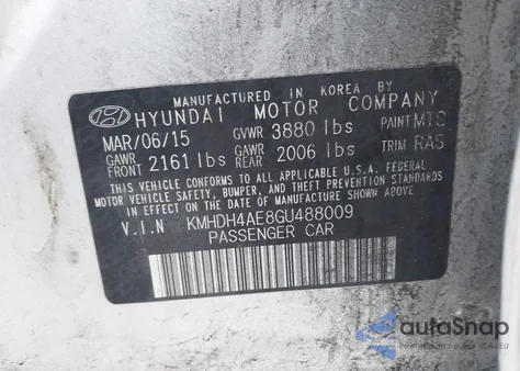 2016 Hyundai Elantra Se z USA, uszkodzony, nr VIN KMHDH4AE8GU488009